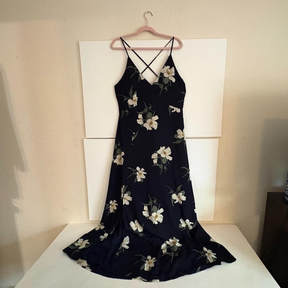 Olivia Grey Navy Maxi Floral w/Slit Slip Dress Size Large Juniors Medium Woman